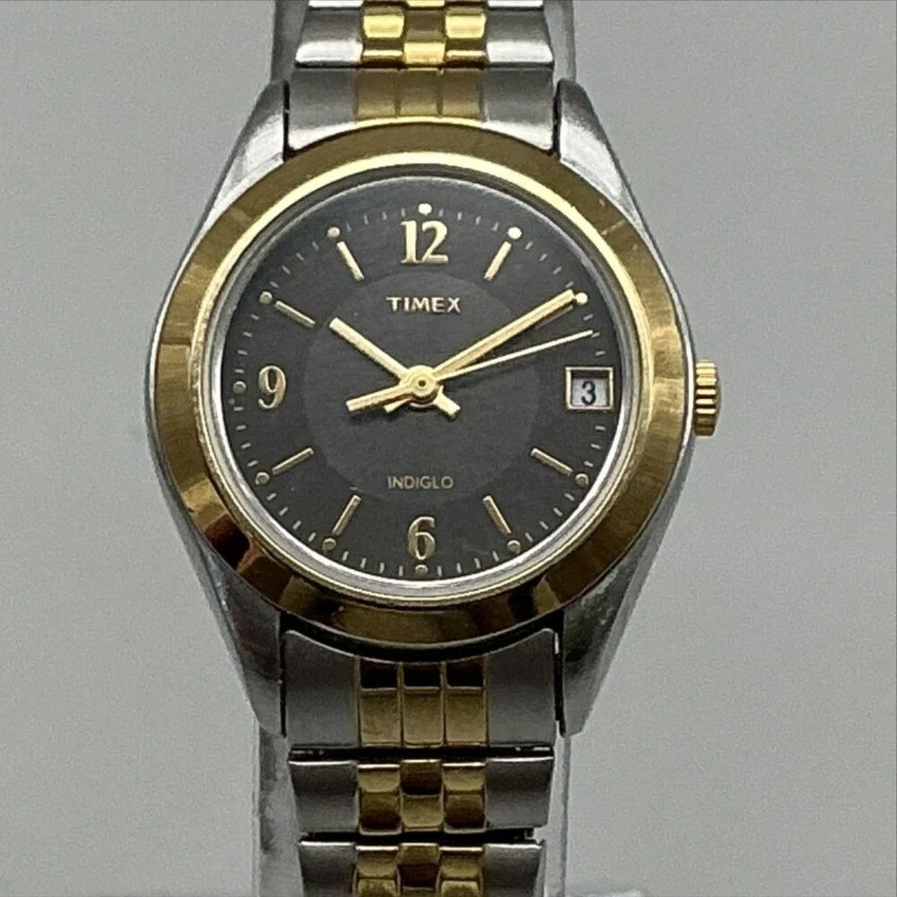 Timex Indiglo Womens Watch 25mm Gray Dial Two Tone Bracelet Date New Battery